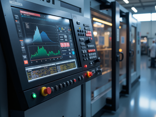 Manufacturing technology solution with industrial IoT dashboard, production metrics, factory automation interface